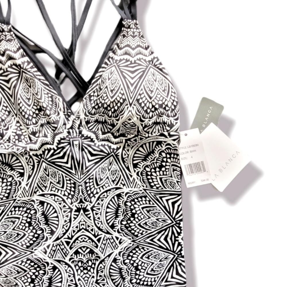 La Blanca New Black & White Henna Medalion Tankini SwimTop, 4 - Picture 3 of 6